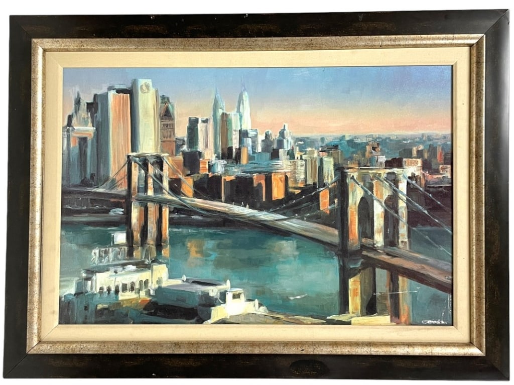 ATTR. REGINALD MARSH MANHATTAN SKYLINE PAINTING 44: ATTR. TO REGINALD MARSH MANHATTAN SKYLINE PAINTING-32.5" X 44" APPROX -GOOD PRE OWNED CONDITION, WEAR TO CANVAS BOTTOM RIGHT , SEE ALL PHOTOS-DP112723