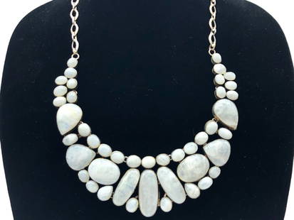 VTG WHITE RAINBOW MOONSTONE NECKLACE: - VTG WHITE RAINBOW MOONSTONE NECKLACE - SET IN STERLING SILVER- HANDMADE | CRESCENT BAR CLASP- ADJUSTABLE FIT- GF 11/28/23