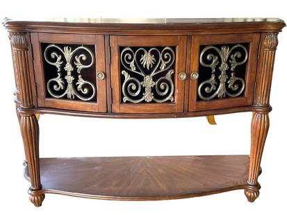 NEOCLASSIC DECORATIVE BOW FRONT CABINET TABLE 63": NEOCLASSICAL DECORATIVE BOW FRONT CABINET TABLE-40" X 63" X 22" APPROX-VERY GOOD PRE OWNED CONDITION, MINOR WEAR-DP113023