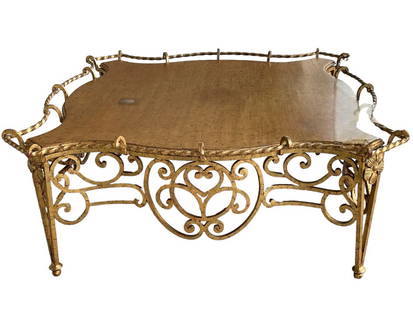 NEOCLASSICAL GILDED IRON COFFEE TABLE 53": NEOCLASSICAL GILDED IRON COFFEE TABLE-22" X 53" X 53" APPROX-VERY GOOD PRE OWNED CONDITION-DP113023