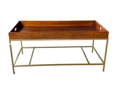 WOOD TRAY TABLE WITH BRASS FINISH BASE 48": CONTEMPORARY WOOD TRAY TABLE WITH BRASS FINISH BASE-23" X 48" X 23" APPROX-GOOD PRE OWNED CONDITION, MINOR WEAR TO TOP -DP113023
