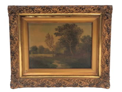 19TH CENTURY PHOTOREALISTIC LANDSCAPE OIL PANTING: - 19TH CENTURY PHOTOREALISTIC LANDSCAPE OIL PANTING - PHOTOREALISM OF SCENIC PEACEFUL NATURE TRAIL- PAINTED WOOD FRAME WITH FLORAL DESIGN CARVED- CAN HANG OR MOUNT- GF SR 12/4/23