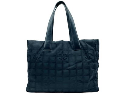 CHANEL TRAVEL LINE BLACK CANVAS TOTE SHOULDER BAG: CHANEL BLACK TRAVEL LINE PRINTED CANVAS SHOULDER BAG -""13.5*10*5.5 IN"- 10448988 (2005-2006) -AAY4268 -CONDITION RATING A- BOX 6 -ALL BAGS HAVE BEEN AUTHENTICATED Bidders may pick up their items from