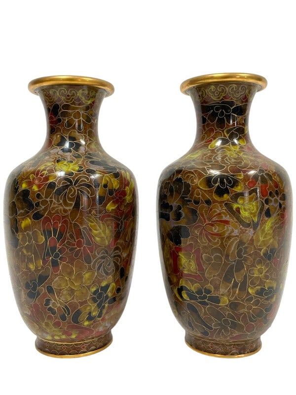 PAIR OF VINTAGE CLOISSONE VASES 8" (1 of 8)