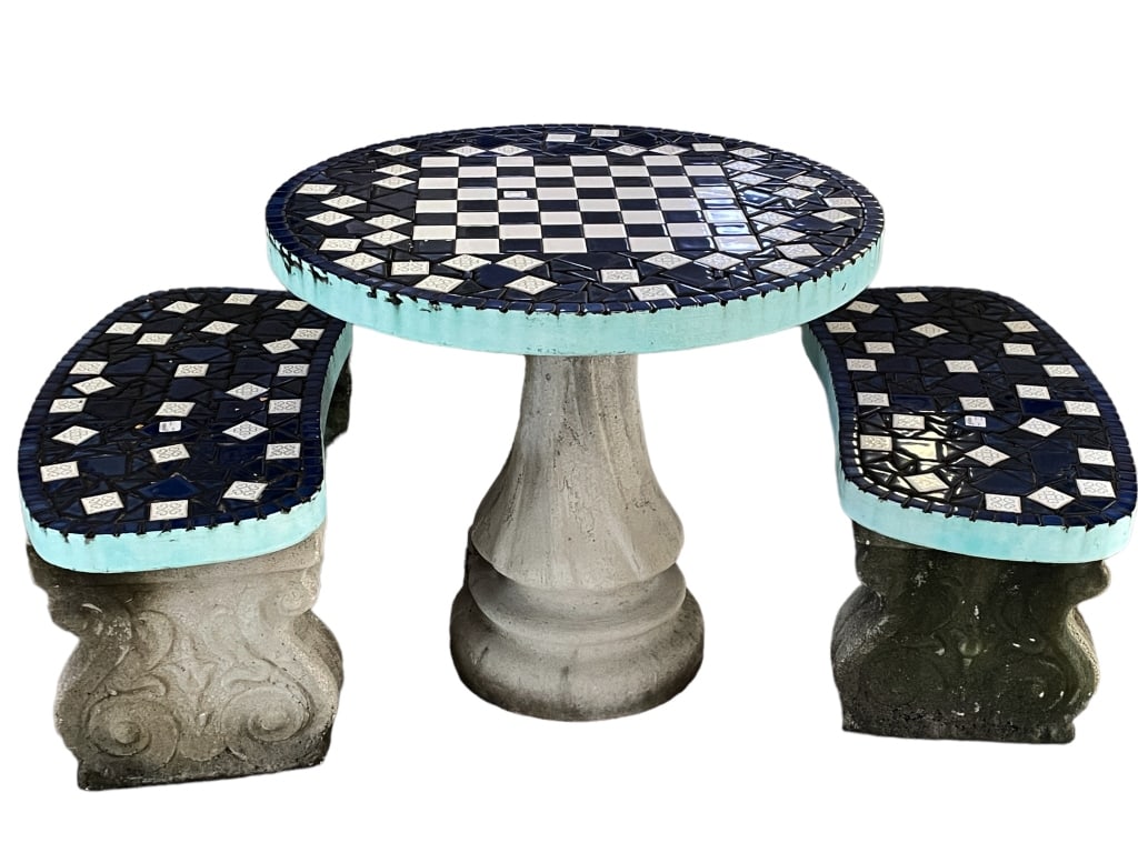MOSAIC TILE TOP CAST STONE GARDEN TABLE & BENCHES (1 of 8)