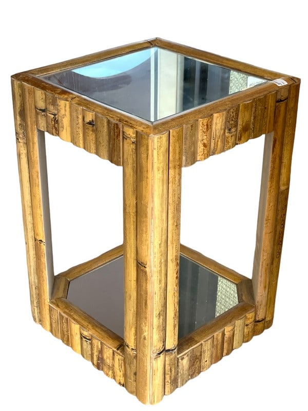 BAMBOO REED SIDE TABLE WITH MIRRORED GLASS TOP 23" (1 of 6)