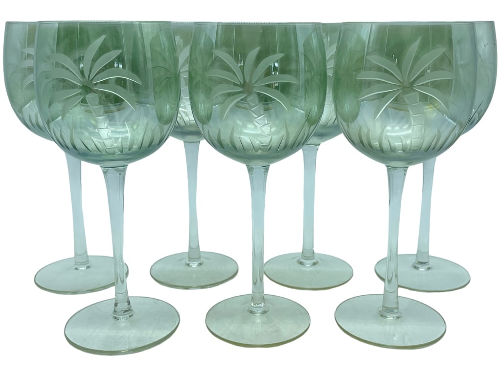 LENOX PALM TREE ETCHED CRYSTAL WINE GLASSES (7): -LENOX PALM TREE GREEN ETCHED CRYSTAL DRINKING GLASSES- LENOX British Colonial Scenic Bamboo Shutter Tradewind Palm Green Crystal-SET OF (7)-VERY GOOD CONDITION -JR BTQ 12/11 Bidders may pick up their
