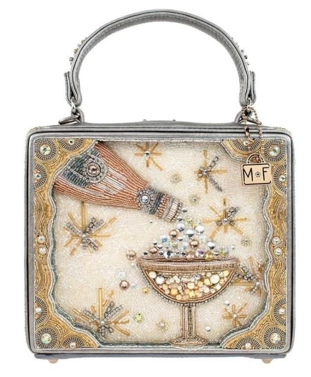 NEW MARY FRANCES MAKE IT POP TOP HANDLE HANDBAG: NEW MARY FRANCES MAKE IT POP TOP HANDLE HANDBAG -Elevate your elegance with the dazzling allure of this handcrafted masterpiece. Embellished with thousands of opulent beads and rhinestones in a sparkl
