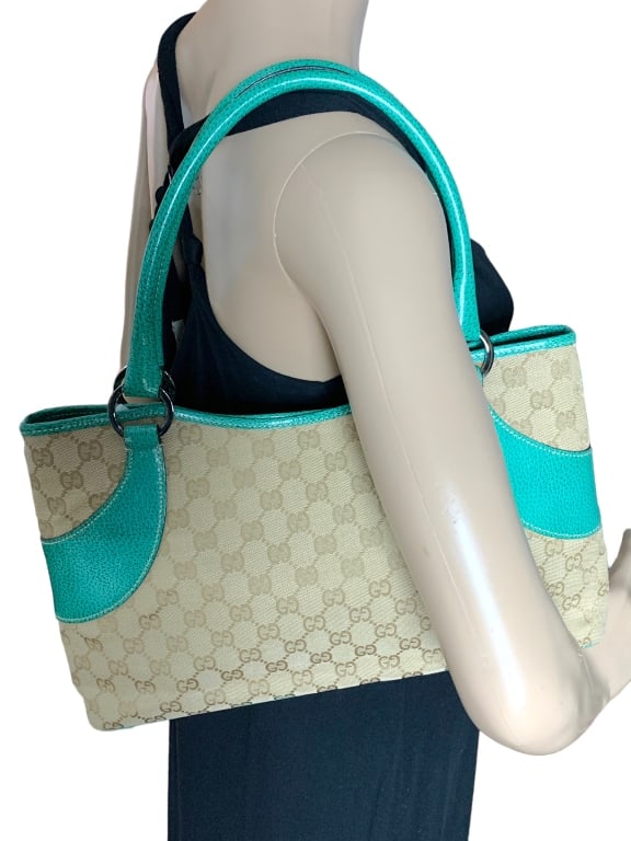 GUCCI JACQUARD BEIGE/GREEN CANVAS SHOULDER BAG (1 of 5)