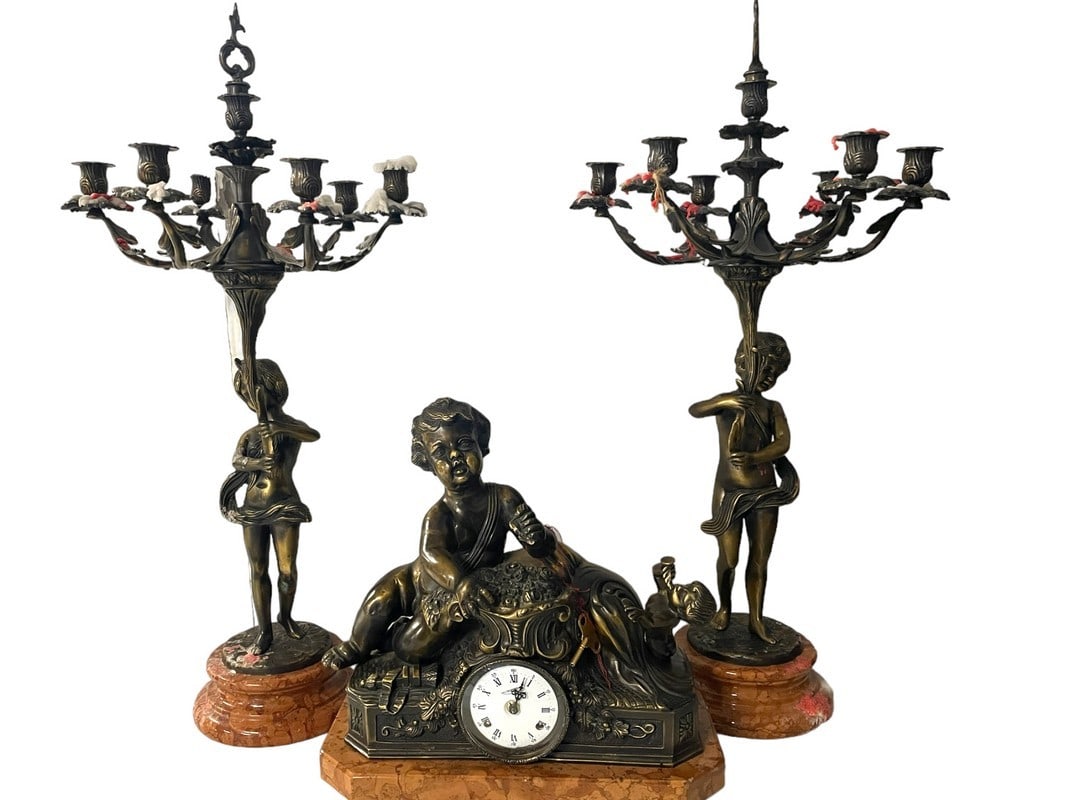 BRONZE CHERUB CLOCK & CANDLESTICK SET 31" (1 of 11)