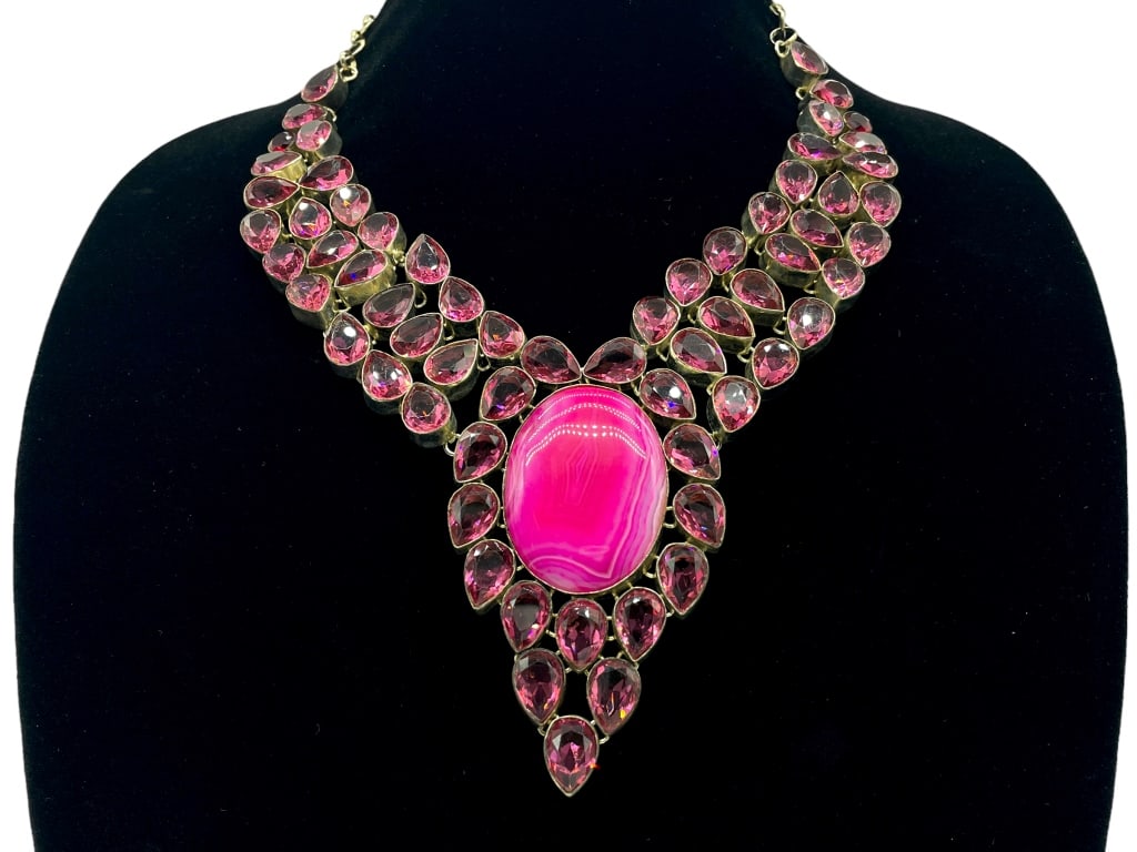 STERLING AGATE & CRYSTAL STATEMENT NECKLACE 12" (1 of 4)
