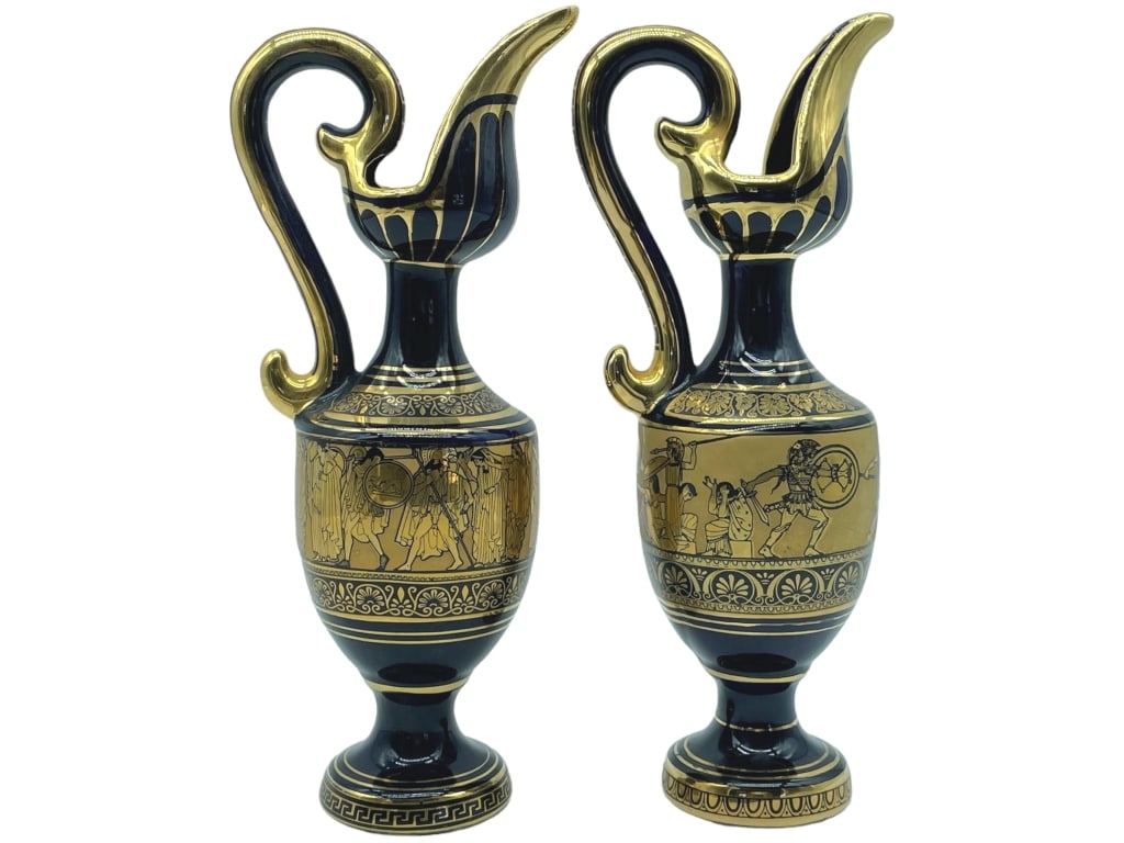 SPYROPOULOS GREECE 24K GOLD PORCELAIN VASES (2): -SPYROPOULOS GREECE COBALT BLUE PORCELAIN BUD VASES GILDED IN 24K GOLD-SET OF (2) -VERY GOOD CONDITION -JR BTQ GLS CSE 12/19