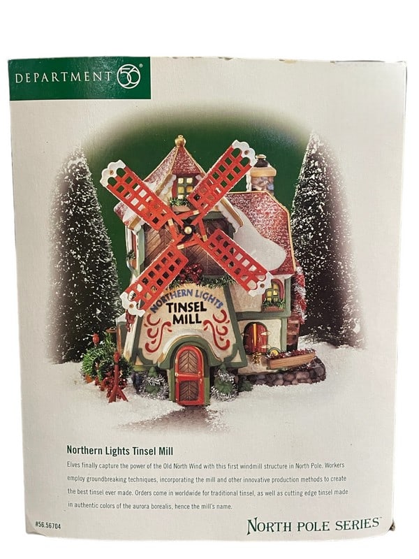 DEPARTMENT 56 NORTH POLE SERIES VILLAGE 56704: DEPARTMENT 56 VILLAGE CHRISTMAS FIGURINE-NORTHERN LIGHTS TINSEL MILL 56-56704-GOOD PRE OWNED CONDITION, IN BOX-DP122123. Bidders may pick up their items from the auction-house or have their items ship