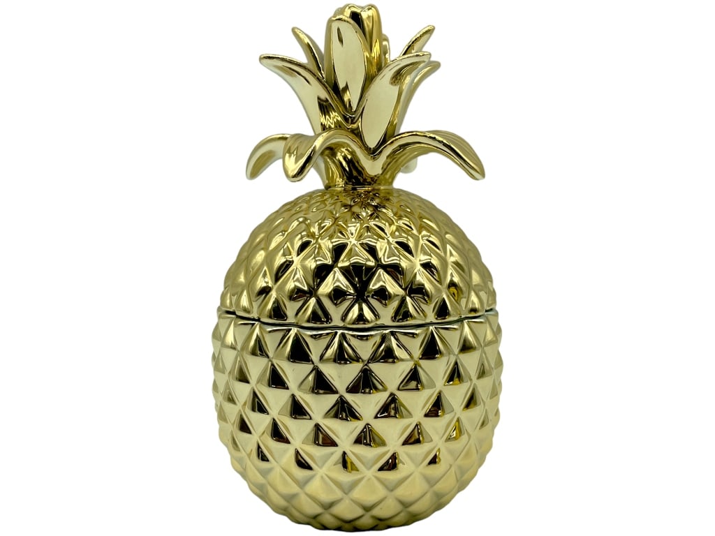 TWO'S COMPANY GOLDE HOSPITALITY PINEAPPLE JAR 7": -TWO'S COMPANY GOLDE HOSPITALITY PINEAPPLE JAR-SIZE: 7.5" -NEW NEVER USED-JR BTQ BRN CAB 11/17