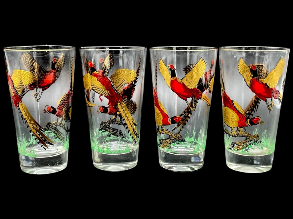 MIDCENTURY HAZEL ATLAS PHEASANT HUNTIN GLASSES (4): -MIDCENTURY HAZEL ATLAS PHEASANT HUNTIN GLASSES WITH GOLD TRIM-SET OF (4)-VERY GOOD CONDITION -SEE ALL PHOTOS JR BTW WHT CSE 12/28