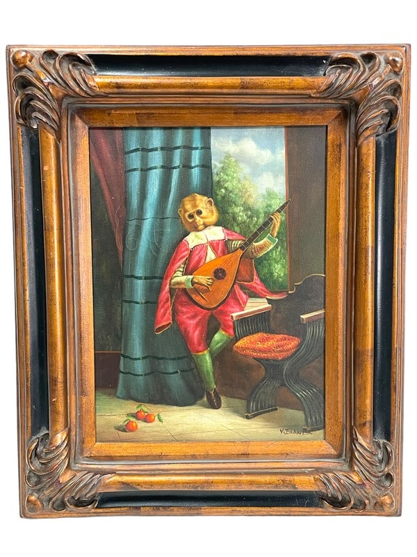 VINTAGE WHIMSICAL SINGERIE MONKEY PAINTING 23.5" (1 of 5)