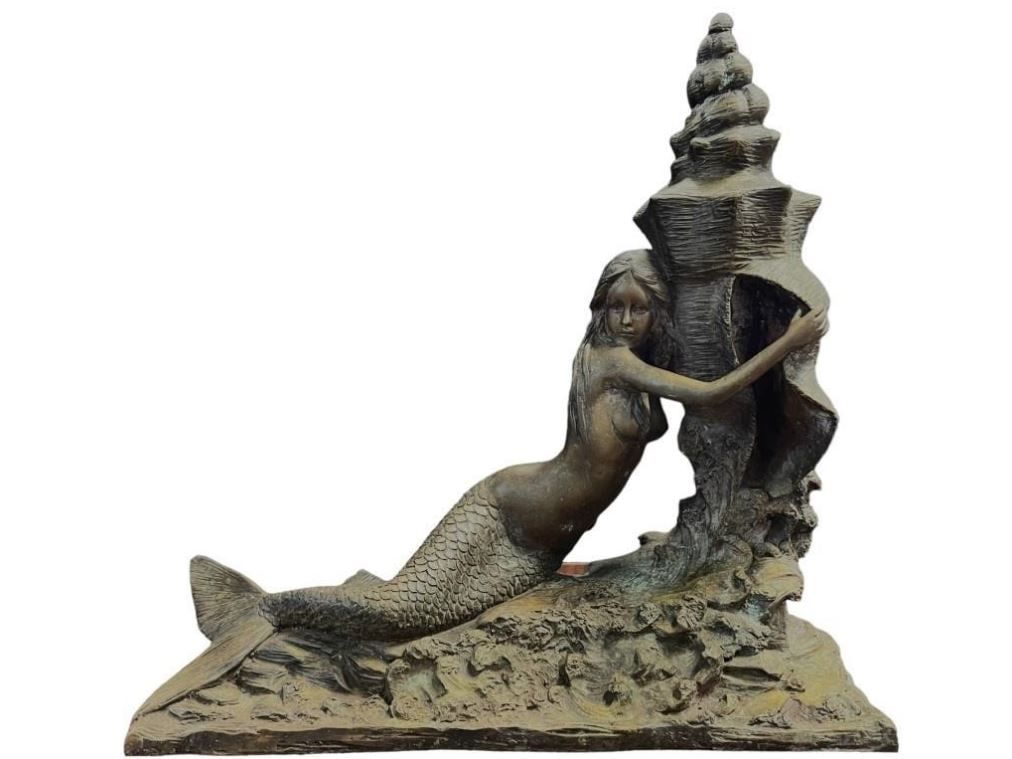 BRONZE MERMAID SITTING ON ROCK SCULPTURE 19" (1 of 6)