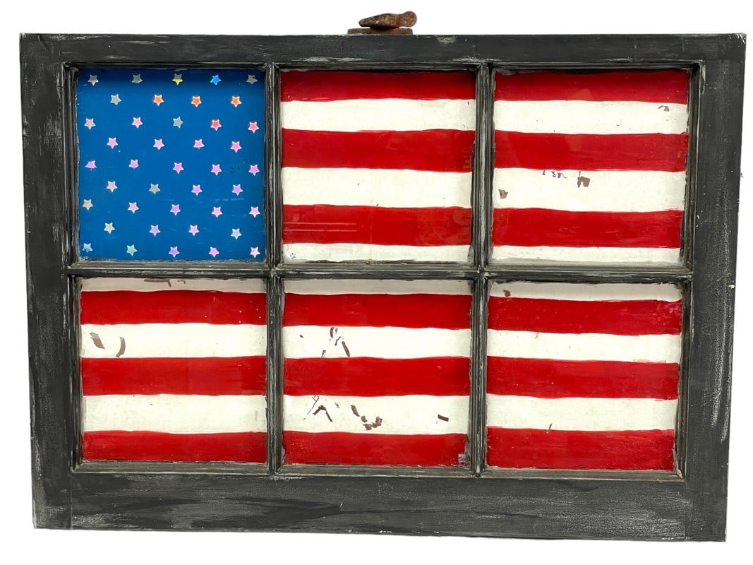 FOLK ART AMERICAN FLAG PAINTING ON WOOD WINDOW 28" (1 of 4)