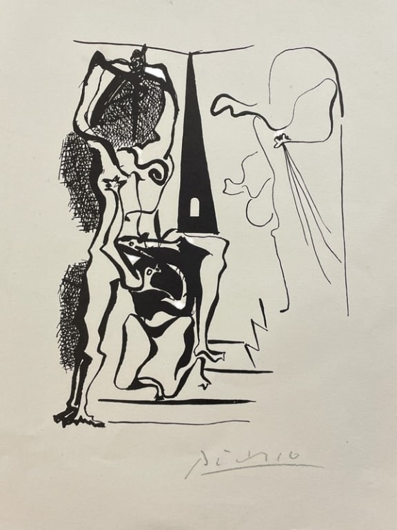 1950'S SIGNED PABLO PICASSO WOODCUT PRINT 17": SIGNED PABLO PICASSO WOODCUT PRINT -17" X 12.5"-VERY GOOD PRE OWNED CONDITION-DP102723 Bidders may pick up their items from the auction-house or have their items shipped. Appointments are required for