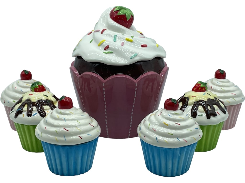 TWOS COMPANY CERAMIC CUPCAKE COOKIE JAR SET (7) (1 of 6)