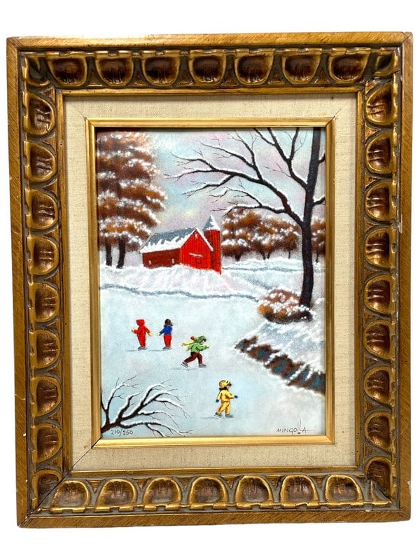 DOM MINGOLLA ENAMEL ON COPPER PAINTING 17": DOM MINGOLLA ENAMEL ON COPPER PAINTING IN CUSTOM GOLD GILT STYLE FRAME | ICE SKATING RED BARN -17" X 14" APPROX TO FRAME-VERY GOOD PRE OWNED CONDITION-DP11524 Bidders may pick up their items from the 