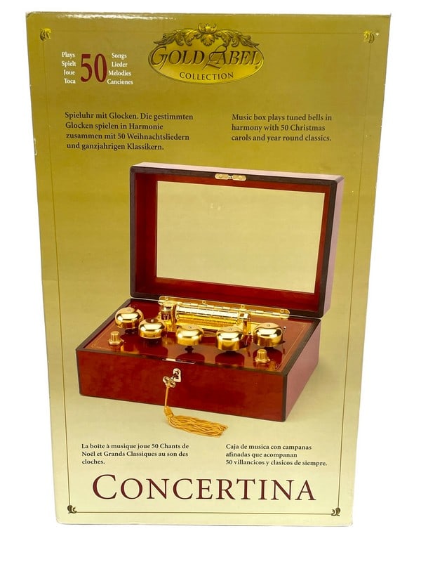 NIB GOLD LABEL CONCERTINA WOODEN MUSIC BOX: MR. CHRISTMAS GOLD LABEL CONCERTINA WOODEN MUSIC BOX | 5 BRASS BELLS -50 CHRISTMAS CAROLS AND YEAR ROUND CLASSICS-NEW IN BOX-DP1524GLRY Bidders may pick up their items from the auction-house or have t