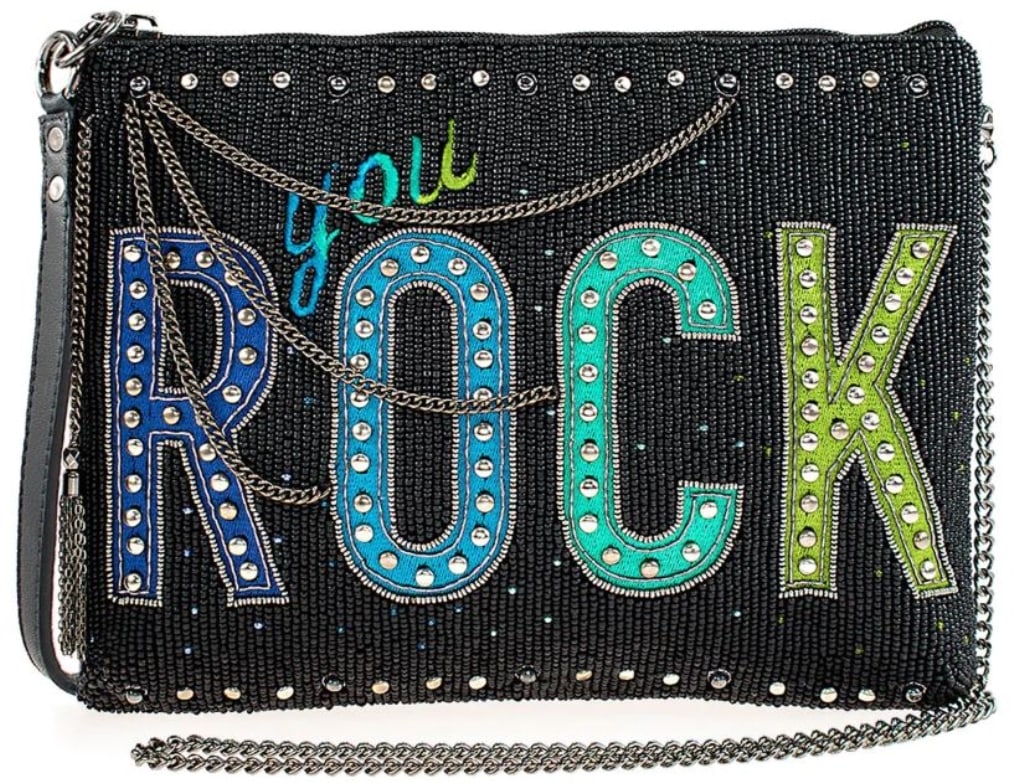 MEW MARY FRANCES YOU ROCK CROSSBODY HANDBAG: MEW MARY FRANCES YOU ROCK CROSSBODY HANDBAG Express your inner rockstar with our versatile You Rock bag! Designed to wear both crossbody or with the removable wristlet, this black beaded hadbag not on