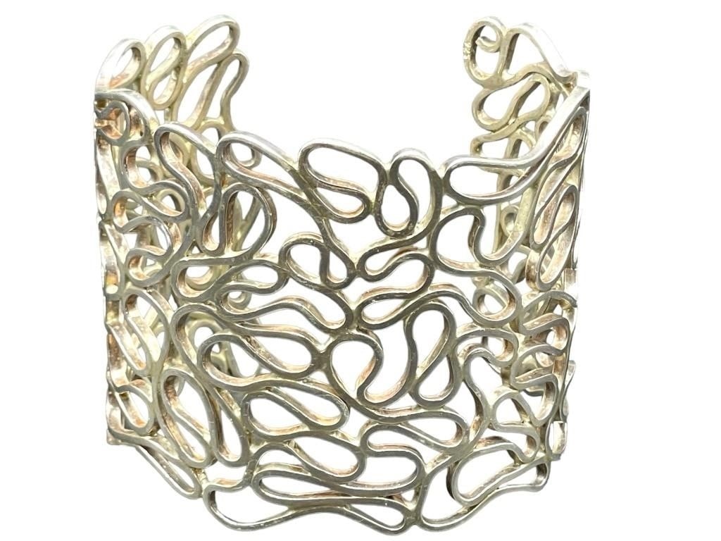 STERLING SILVER MODERN FILIGREE CUFF BRACELET 74G (1 of 6)
