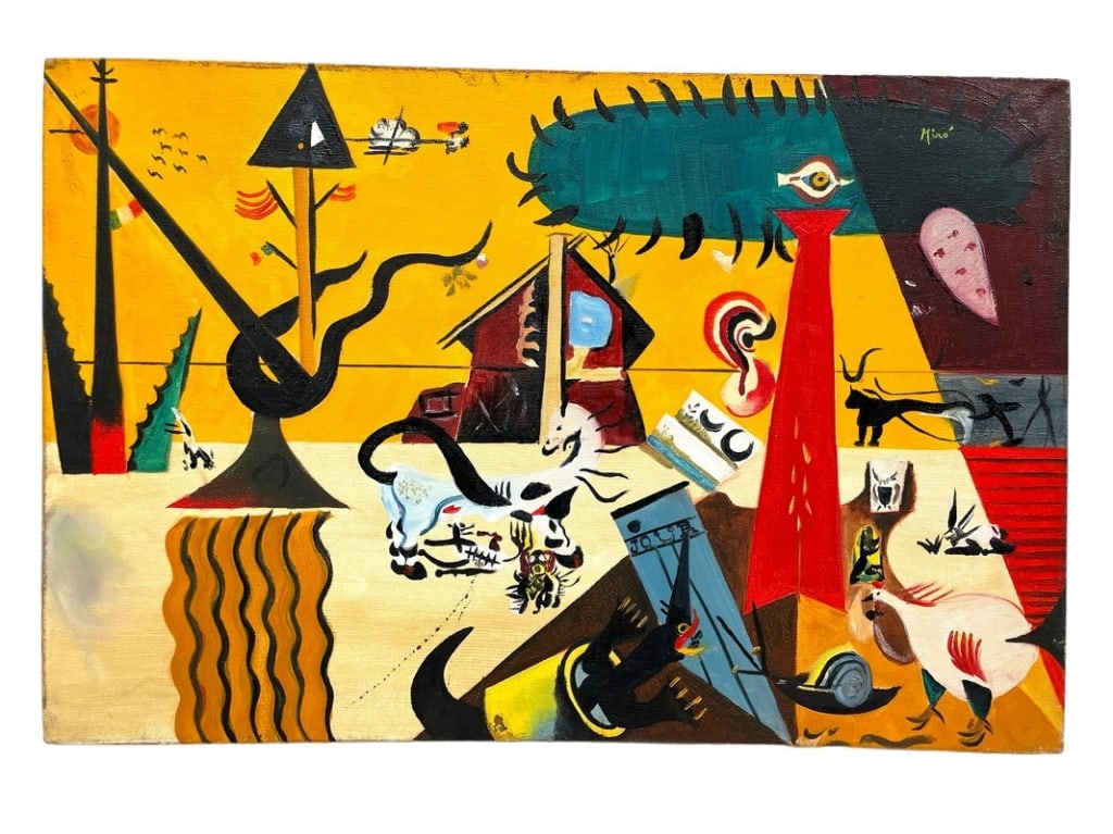 AFTER JOAN MIRO OIL PAINTING ON CANVAS 24": AFTER JOAN MIRO OIL PAINTING ON CANVAS-16" X 24" APPROX-VERY GOOD PRE OWNED CONDITION-DP11924 Bidders may pick up their items from the auction-house or have their items shipped. Appointments are requi