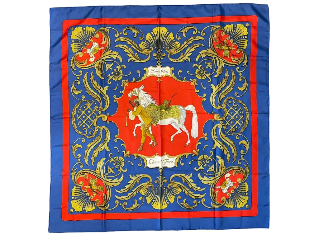 HERMES CHEVAL TURC 100% SILK SCARF: HERMES Cheval Turc Scarf Red/Blue Silk 100% Silk90*90cm Condition Rating A. Box 3 EAG6761 Bidders may pick up their items from the auction-house or have their items shipped.Appointments are required f