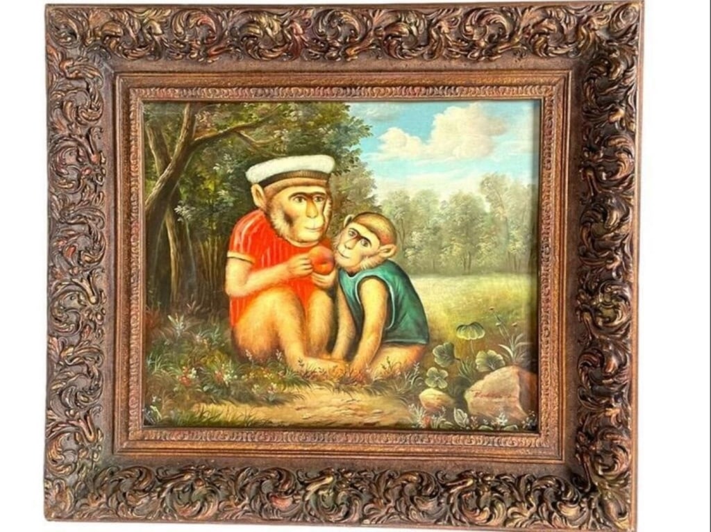 VINTAGE WHIMSICAL SINGERIE MONKEY PAINTING 29" (1 of 6)