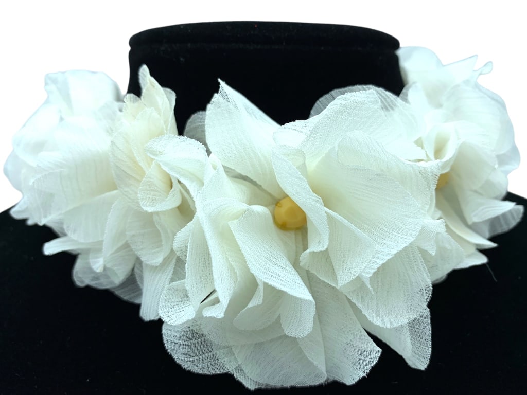 DELICATE REVERSABLE FLOWER RIBBON NECKLACE NWOT: DELICATE REVERSIBLE FLOWER RIBBON NECKLACE NWOTLENGTH: 40" Bidders may pick up their items from the auction-house or have their items shipped. Appointments are required for local pickups. Same-day app