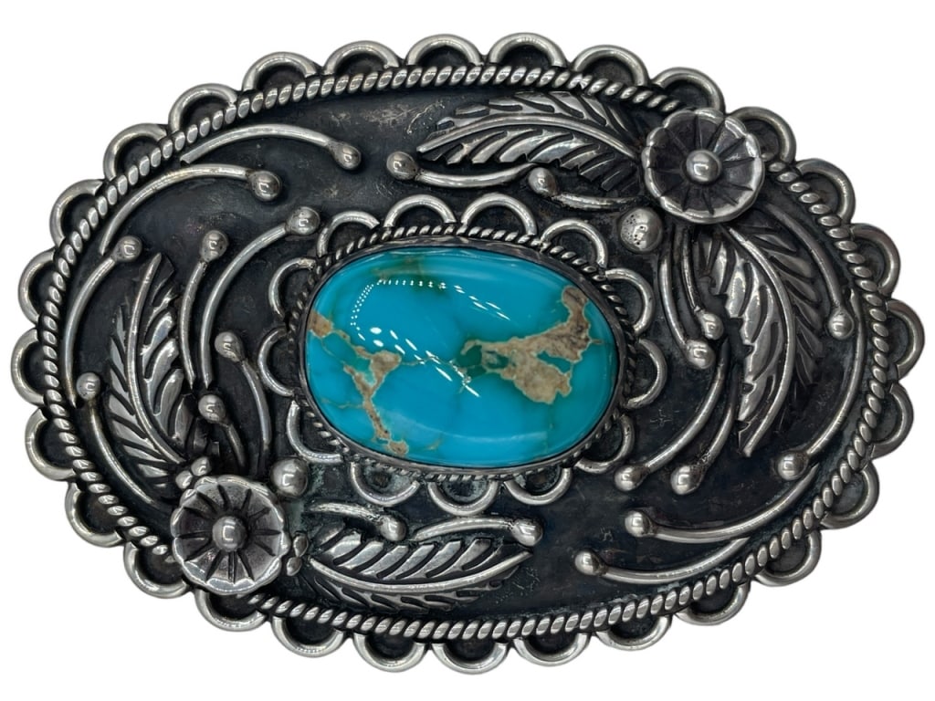 SEKAWA STERLING & TURQUOISE WOMEN'S BELT BUCKLE 3": VINTAGE SEKAWA STERLING SILVER WOMEN'S BELT BUCKLE ROYSTON TURQUOISE-3" APPROX-34.2 GRAMS TOTAL WEIGHT -VERY GOOD PRE OWNED CONDITION-DP91123BOX1 Bidders may pick up their items from the auction-house
