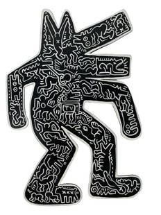 ATTR. KEITH HARING INK ON WOOD WALKING FIGURE 11": ATTR. TO KEITH HARING INK ON WOOD WALKING FIGURE-STAMPED ON REVERSE-11" X 7" APPROX-VERY GOOD PRE OWNED CONDITION-DP21424 Bidders may pick up their items from the auction-house or have their items shi