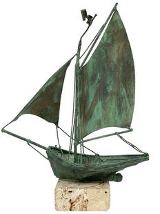 BRUTALIST SAIL BOAT COPPER SCULPTURE 19": JIM LEWK BRUTALIST SAIL BOAT COPPER SCULPTURE WITH STONE BASE-19" X 14" X 4" APPROX| FLORIDA COASTAL HOME DECOR WRECKED SHIP PATINATED VERTIGRIS-DP111723WINDO Bidders may pick up their items from the