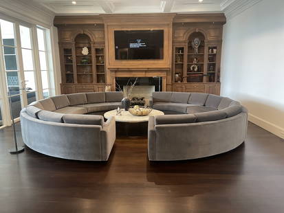 RESTORATION HARDWARE CURVED SEMICIRCLE SOFA: RESTORATION HARDWARE CURVED SEMICIRCLE SOFA Dimensions: 150" W x 27" H x 80" D-Seat Height: 17"-Seat Depth: 23"-Leg Height: 2"-Each Section: W77” H27” D38”-2 OF 2-1 OF 2 PRIOR LOTLOT