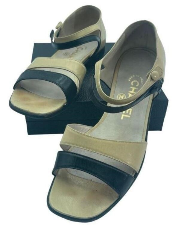 CHANEL BROWN AND TAN LEATHER OPEN TOE FLATS SZ-37 (1 of 1)