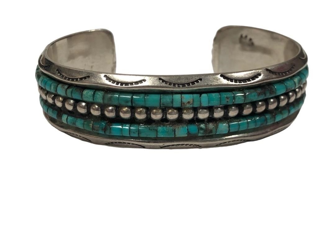 STERLING SILVER AZ TURQUOISE HEISHI BEAD BRACELET (1 of 6)