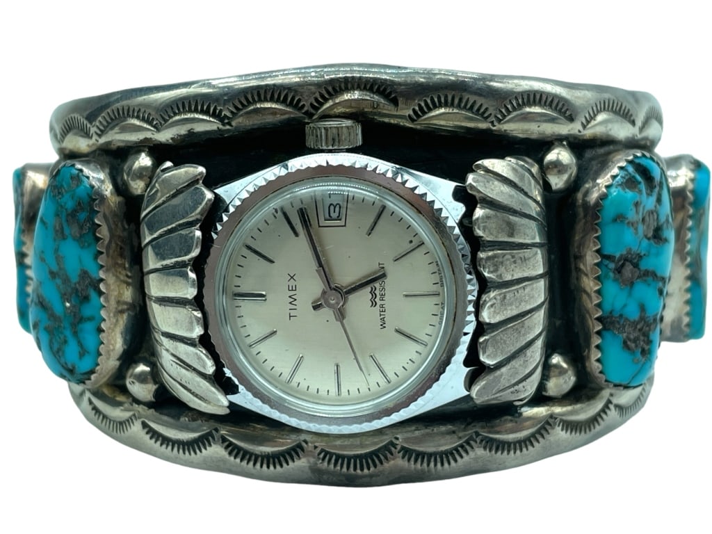 NAVAJO OLD PAWN STERLING &TURQUOISE WATCH BRACELET (1 of 6)