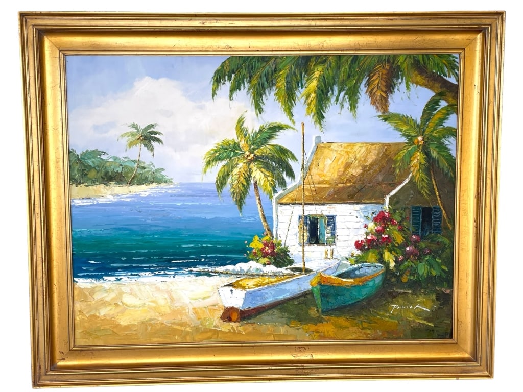 LARGE COASTAL OIL PAINTING WITH SAILBOATS 57.5" (1 of 4)