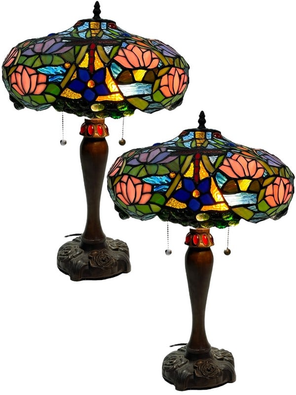 TIFFANY STYLE DRAGONFLY STAINED GLASS LAMPS, PAIR (1 of 8)
