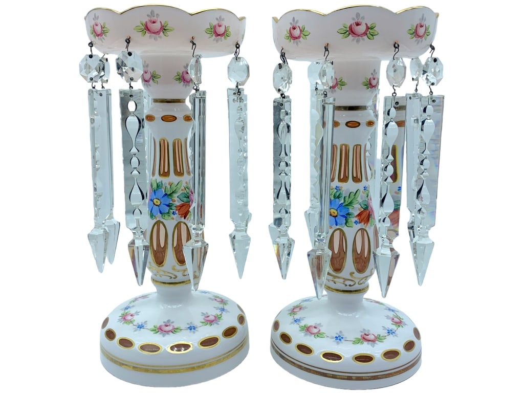 ANTIQUE BOHEMIAN CZECH GLASS MANTLE LUSTERS (2): -ANTIQUE BOHEMIAN CZECH GLASS MANTLE LUSTERS (2) -Bohemian Czech Mantle Lusters - White Cased Cut to Peach Color Crystal-GOOD PREOWNED CONDITION -REPAIR MADE TO ONE OF THE CRYSTALS (EASY TO REPLACE)-S
