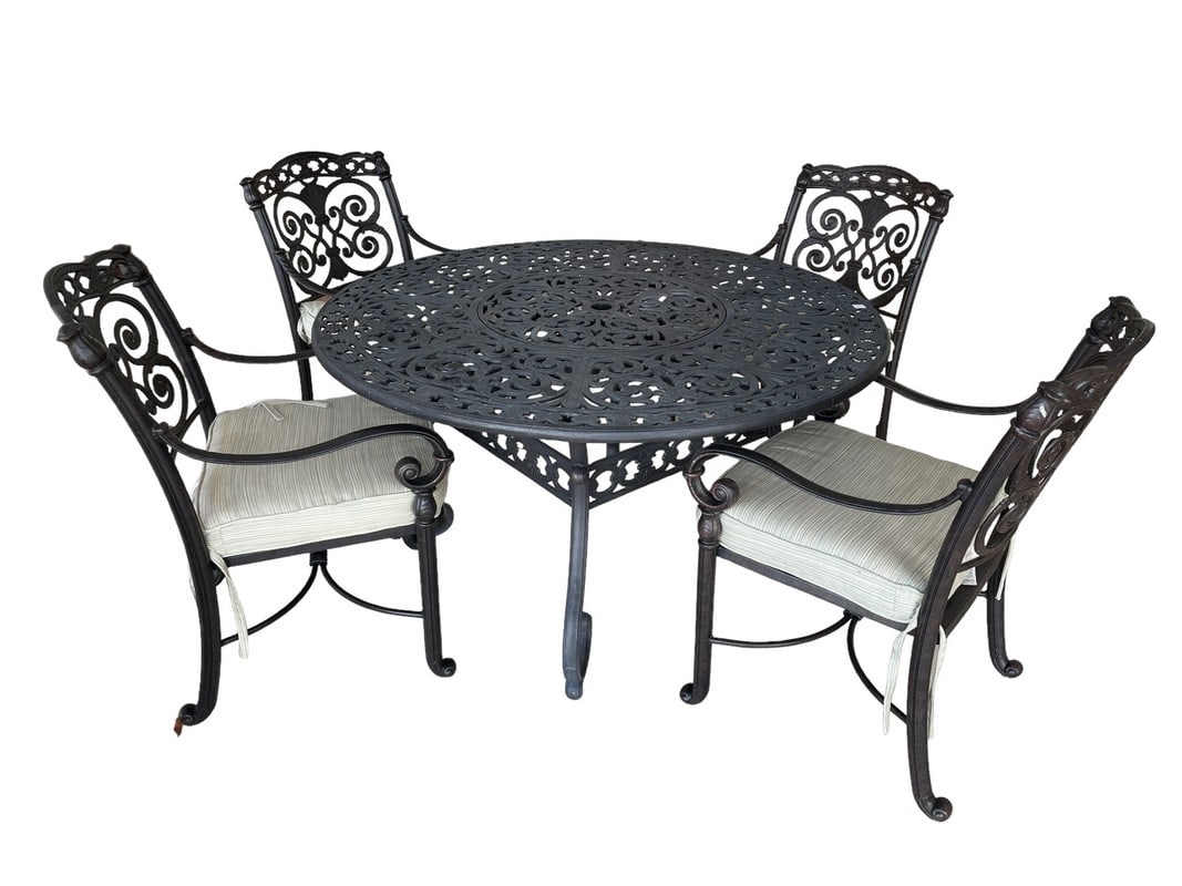 WROUGHT IRON STYLE OUTDOOR TABLE AND CHAIRS: WROUGHT IRON STYLE OUTDOOR TABLE AND CHAIRS-29" X 54" DIAMETER TO TABLE-35" X 23" X 21" APPROX TO CHAIRS-SEAT HEIGHT 20"\-VERY GOOD CONDITION, COMES WITH UMBRELLA NOT PICTURED -DP22124