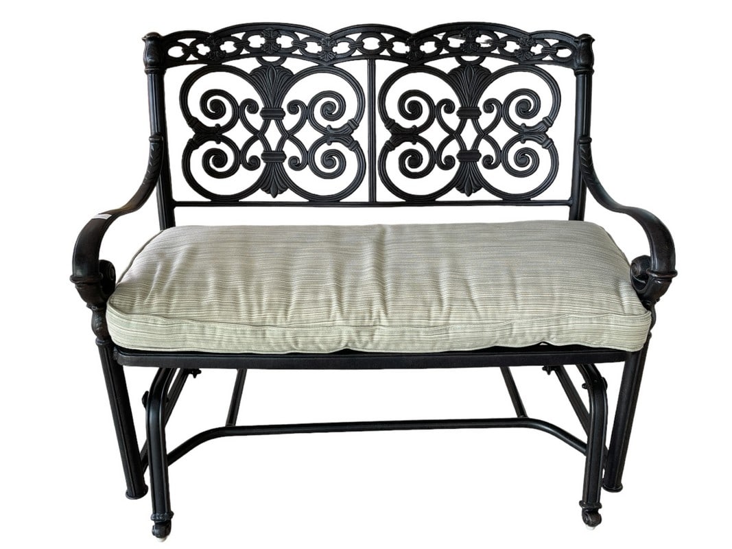 WROUGHT IRON STYLE OUTDOOR LOVESEAT GLIDER 42": WROUGHT IRON STYLE OUTDOOR LOVESEAT GLIDER-36" X 42" X 20" APPROX-VERY GOOD CONDITION-DP22124