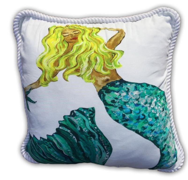 NEW MERMAID MOTIF COASTAL PILLOW BY MY ISLAND: NEW MERMAID MOTIF COASTAL PILLOW BY MY ISLAND-20 X 20-Vibrant Colors, Large 20 x 20, Washable, 100% Duck Cotton. Fabric Coated for Covered Outdoor Applications-JR RL SR 02/26