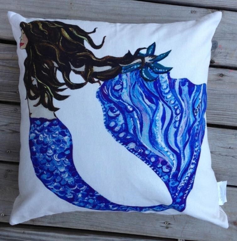 NEW BRUNETTE MERMAID COTTON COASTAL PILLOW: NEW BRUNETTE MERMAID COTTON COASTAL PILLOW-20 X 20-SIGNED BY ARTIST-Vibrant Colors, Large 20 x 20, Washable, 100% Duck Cotton. Fabric Coated for Covered Outdoor Applications-LOT 2 OF 2-JR RL SR 02/26