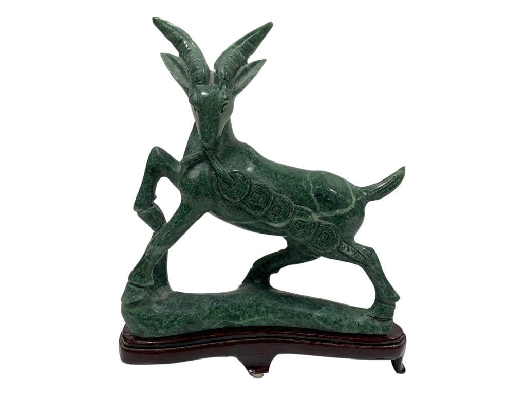 GREEN STONE GOAT CARVING ON WOOD STAND 11" (1 of 3)