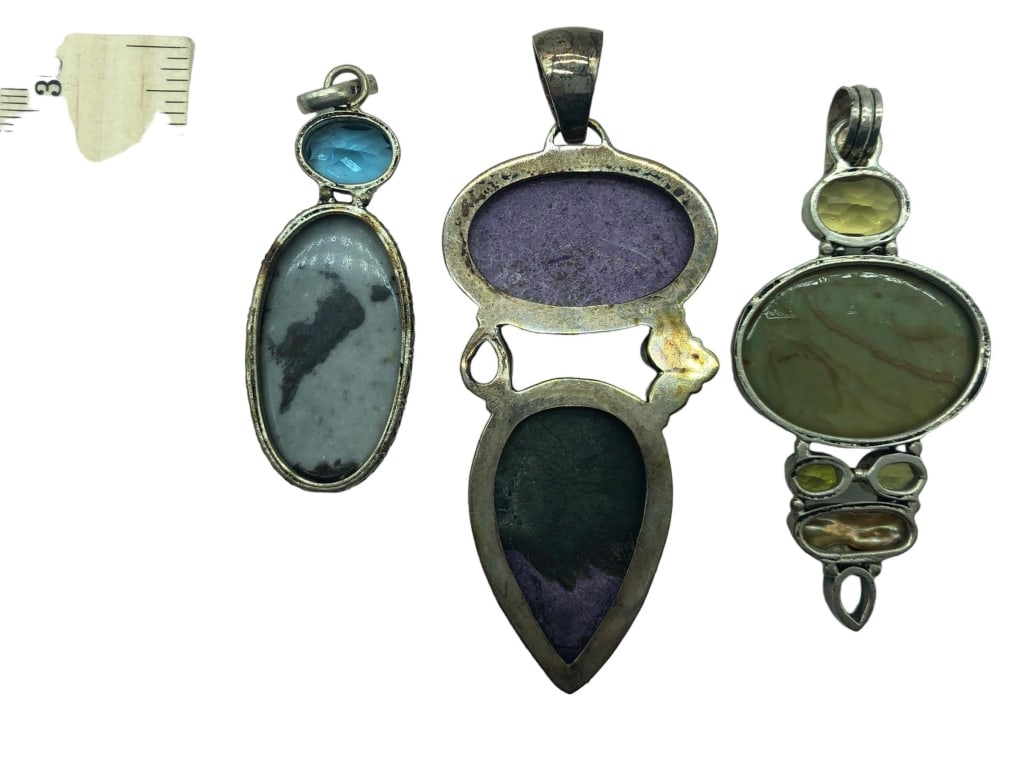 3 STERLING TOPAZ AMETHIST PEARL PENDANTS: 3 STERLING TOPAZ AMETHIST PEARL PENDANTS*DENTRIC JASPER TOPAZ*PURPURITE STICHTIE AMETHIST*CHERRY GREEN JASPER, BOLVA PEARL CITRINE