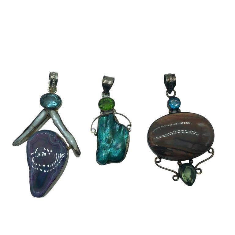 3 STERLING JASPER PERIDOT TOPAZ PENDANTS: 3 STERLING JASPER PERIDOT TOPAZ PENDANTS *CHERRY CREEK JASPER*PAVA SHELL & PERIDOT*AGATE BIWA PEARLS & TOPAZ