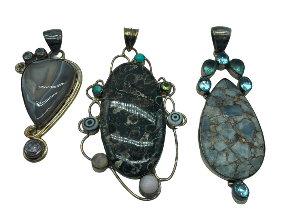 3 STERLING TOPAZ QUARTZ AGATE PENDANTS (1 of 2)
